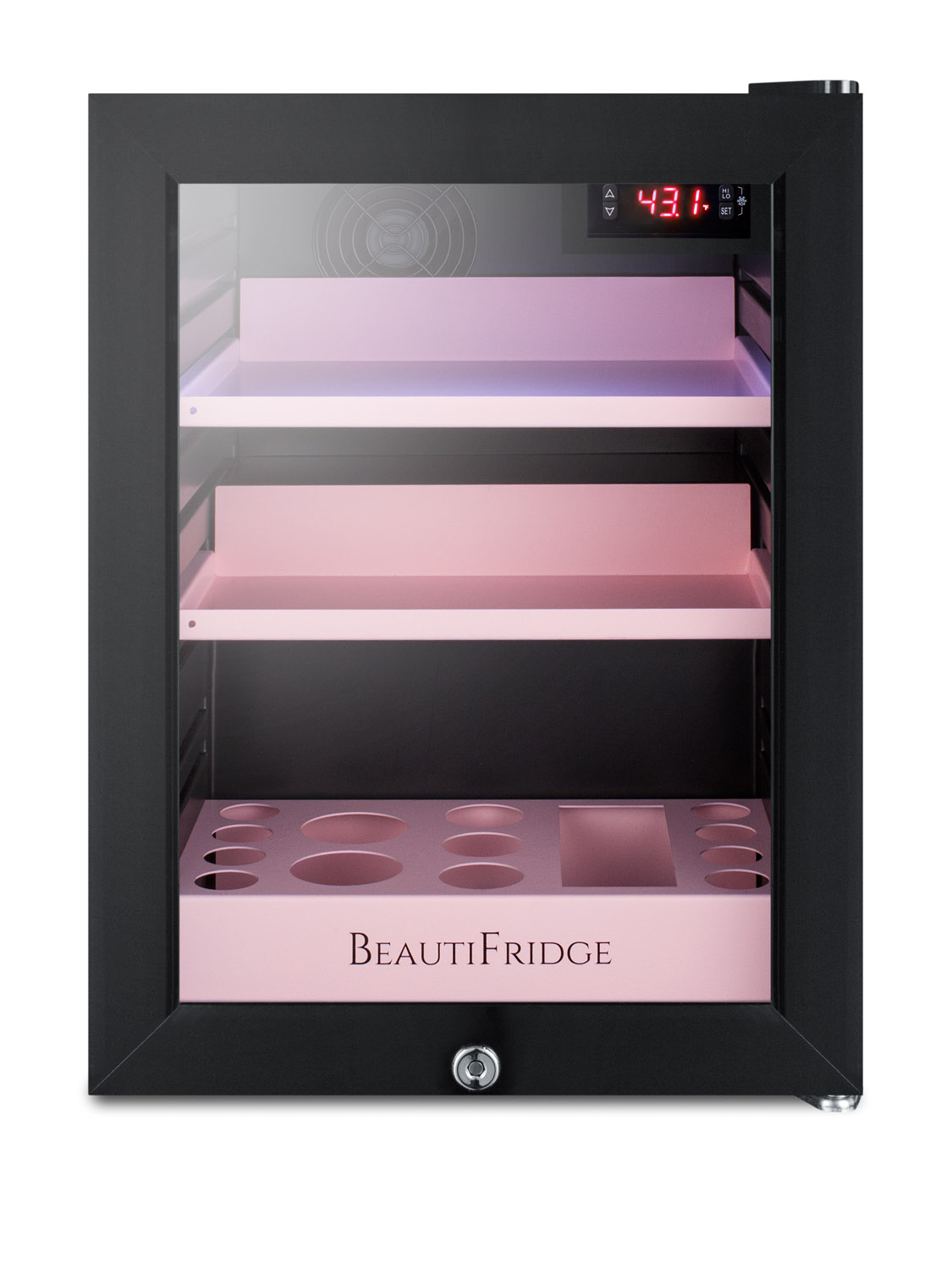 BeautiFridge compact cosmetics cooler with glass door, black cabinet, lock, matte blush pink shelves, and digital controls set for the storage of beauty products